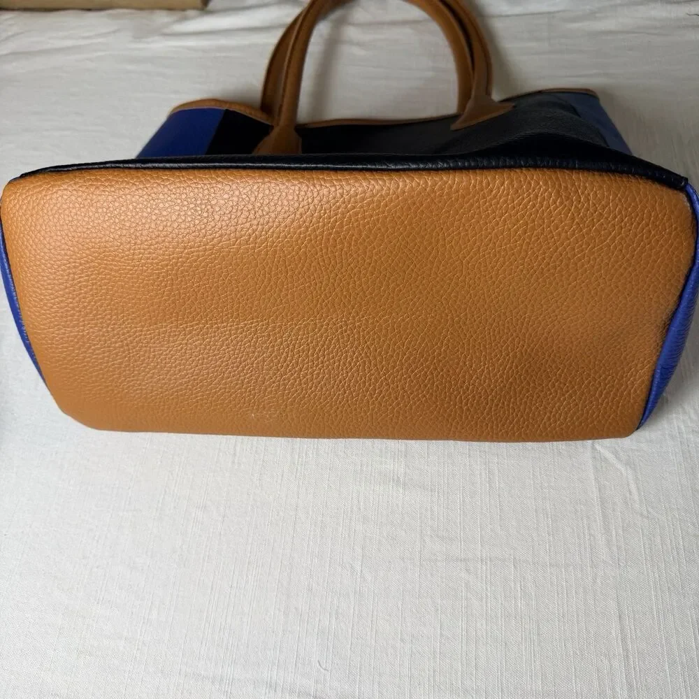 Neiman Marcus Tote Bag Colorblock Pebbled Faux Leather Black, Royal Blue, Tan